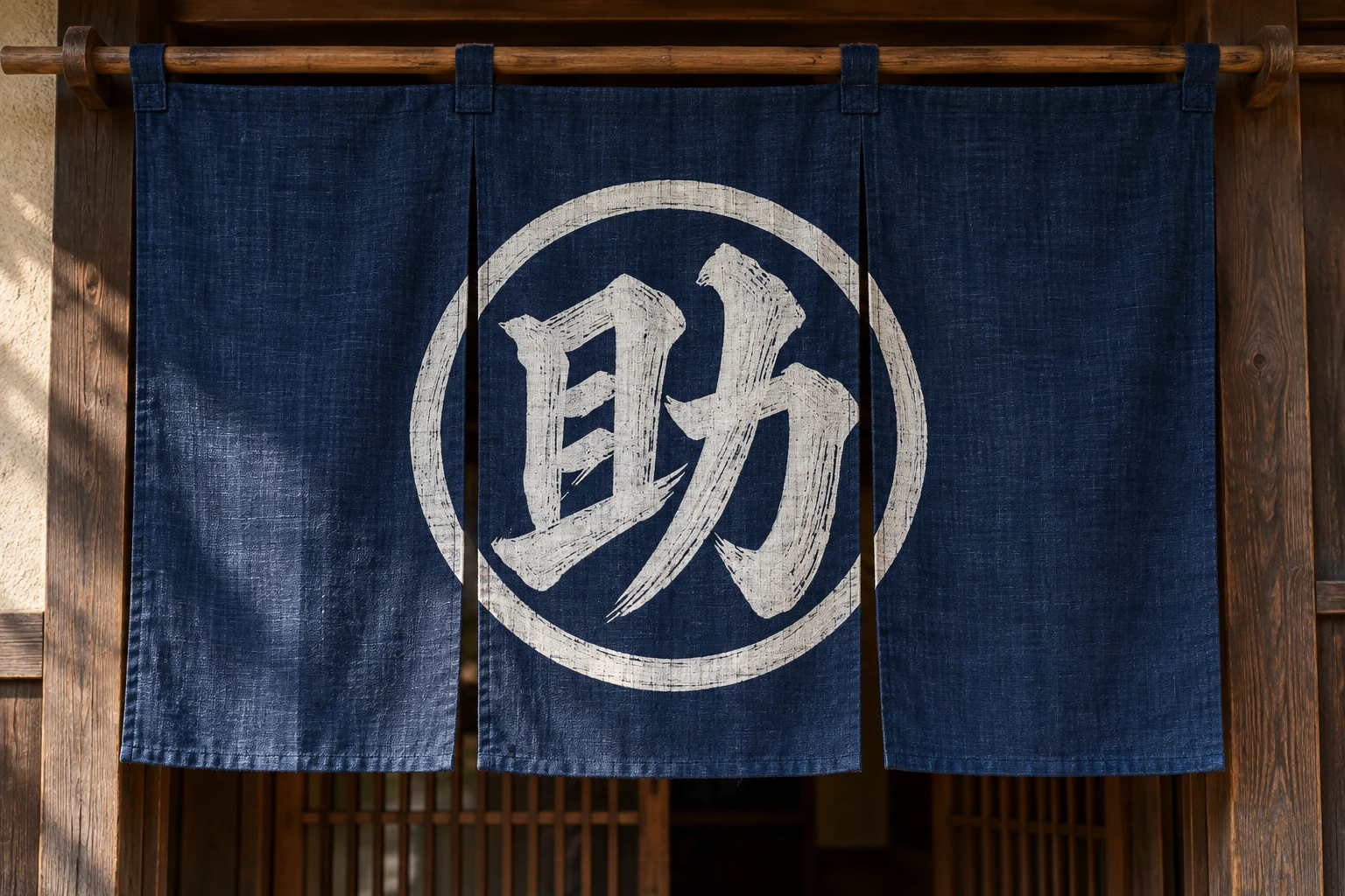 白い助のロゴをあしらった藍色ののれん